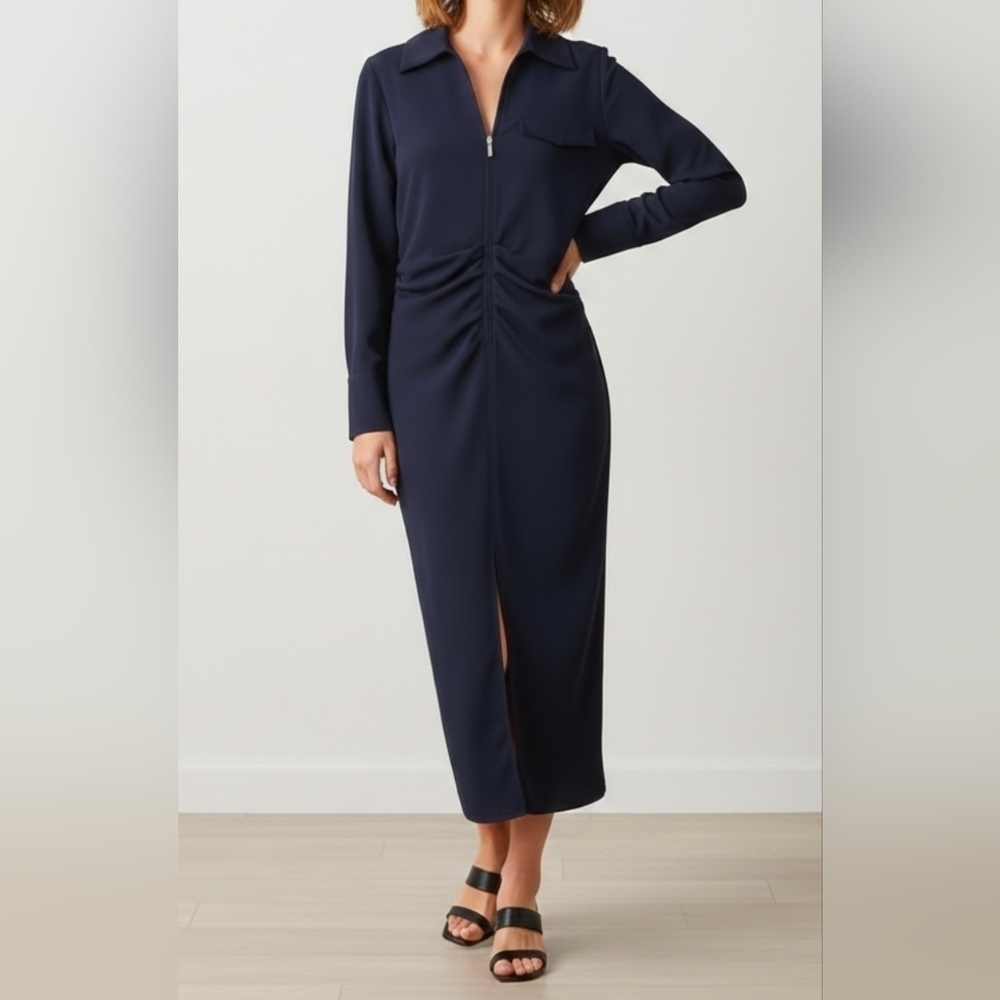 ZARA NAVY BLUE Ruched Zippered SHIRTDRESS MIDI XS